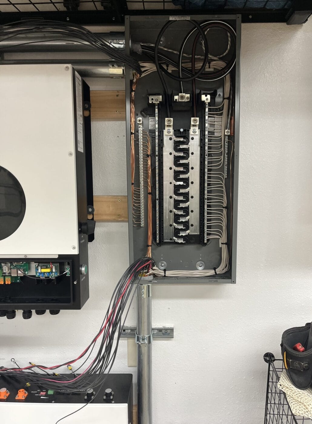 An open electrical panel with visible wiring and circuit breakers is mounted on a wall next to other electronic devices and cables.