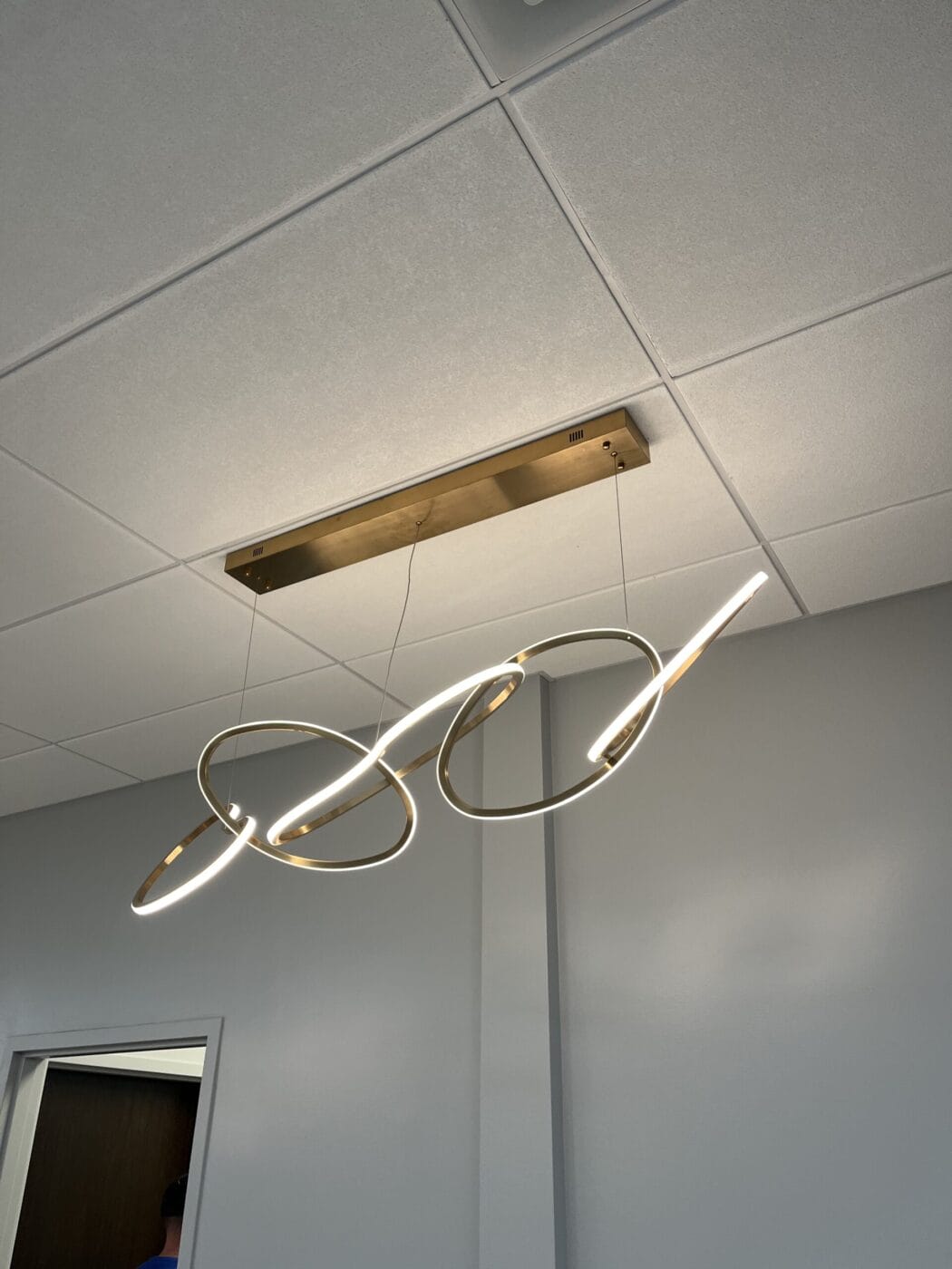 Modern ceiling light fixture with oval loops and integrated LED lights, hanging from a rectangular base, against a white grid ceiling.
